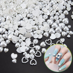 500 Pcs Heart Pearls Nail Beads Mixed Sizes Flatback ABS Charms