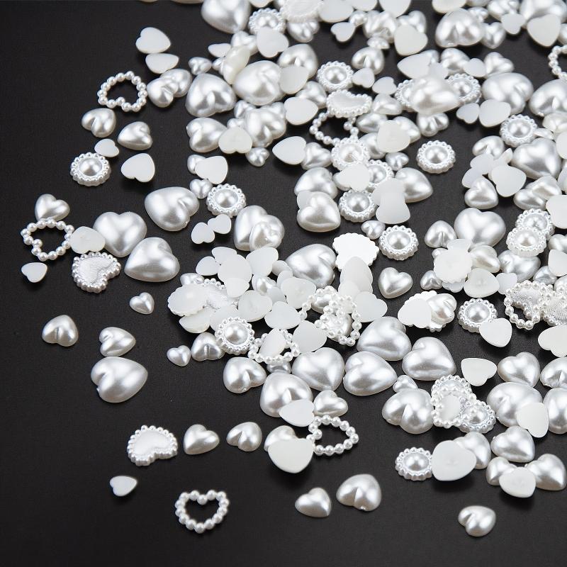 500 Pcs Heart Pearls Nail Beads Mixed Sizes Flatback ABS Charms