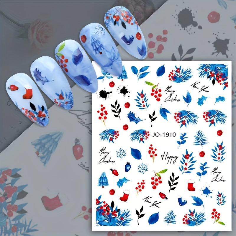 8pcs Christmas Elk Snowflake Nail Art Stickers - Self Adhesive Nail Art Supplies