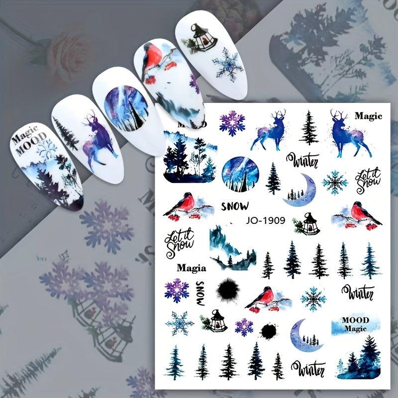 8pcs Christmas Elk Snowflake Nail Art Stickers - Self Adhesive Nail Art Supplies