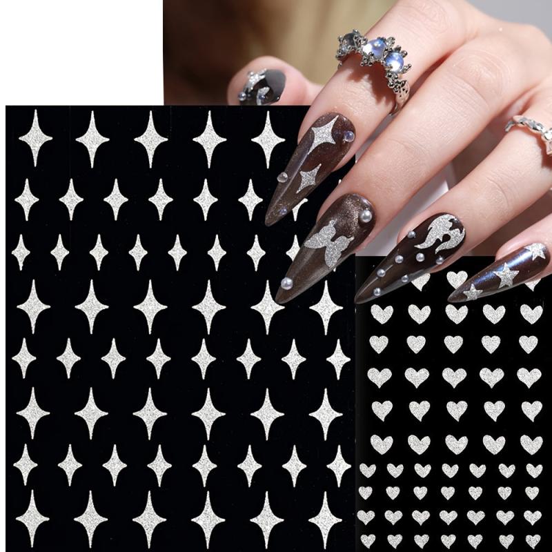 Silver Glitter Nail Art Stickers 3D Self Adhesive Star Heart Butterfly Decals