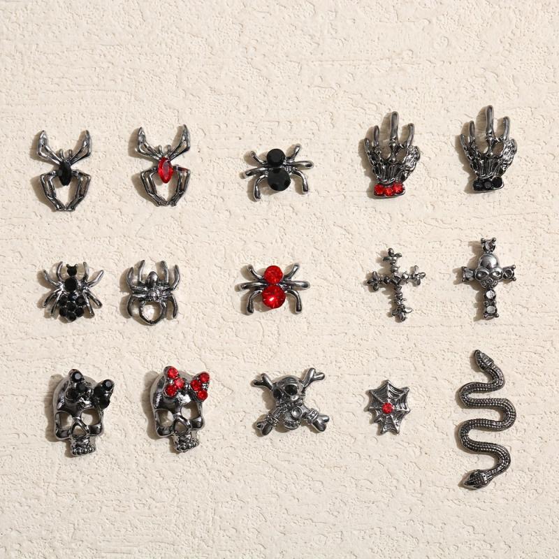 10pcs Halloween Nail Art Charms 3D Metal Spider Skeleton Cross Skull Nail Gem