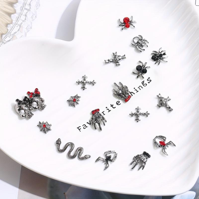 10pcs Halloween Nail Art Charms 3D Metal Spider Skeleton Cross Skull Nail Gem