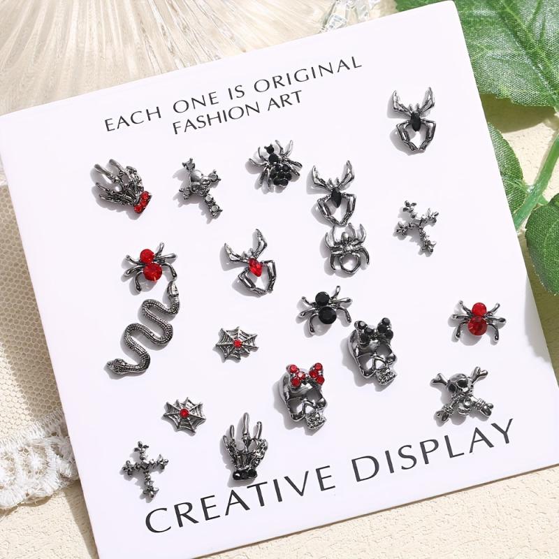 10pcs Halloween Nail Art Charms 3D Metal Spider Skeleton Cross Skull Nail Gem