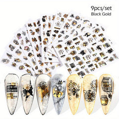 9pcs Abstract Style Nail Art Stickers Flower Heart Nail Art Decals