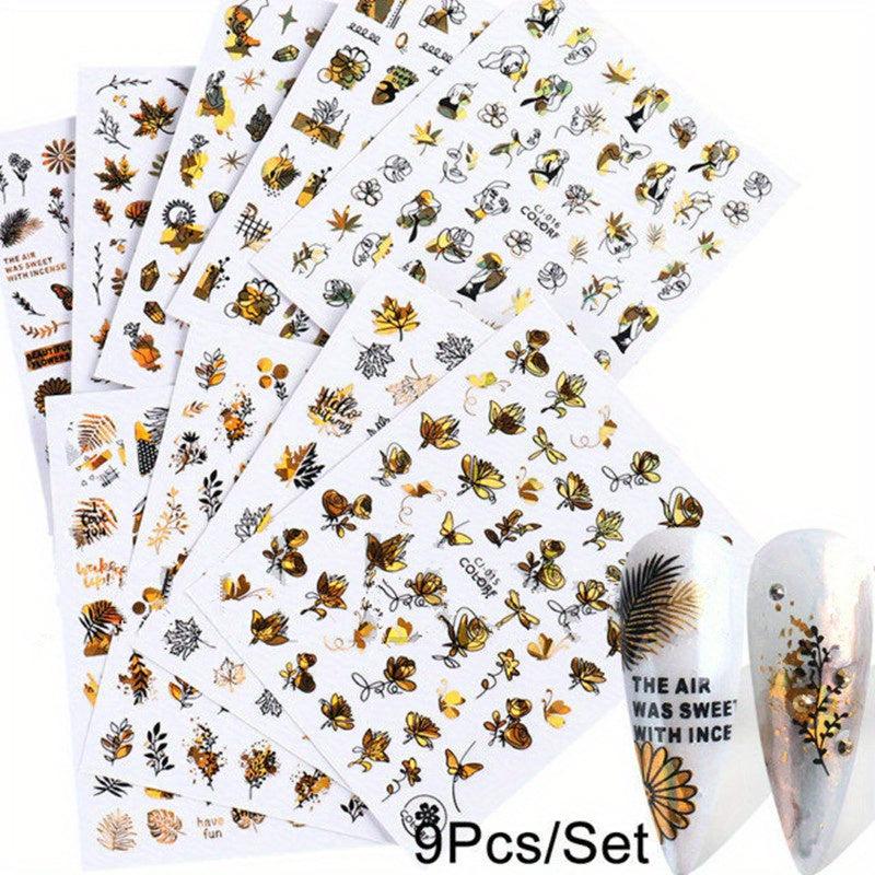 9pcs Abstract Style Nail Art Stickers Flower Heart Nail Art Decals