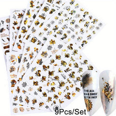 9pcs Abstract Style Nail Art Stickers Flower Heart Nail Art Decals