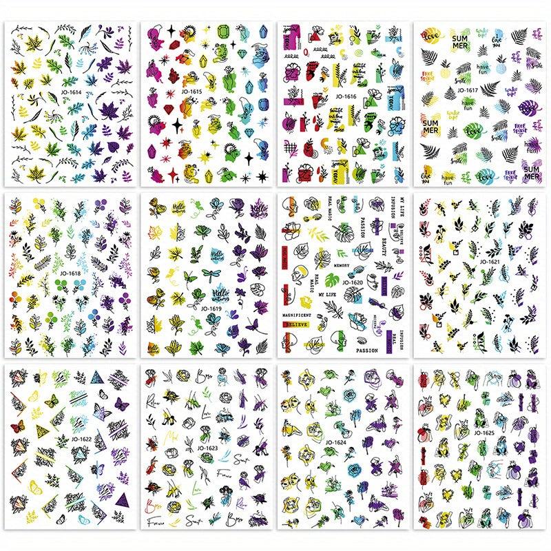 12pcs Colorful Leaf Nail Art Stickers Self Adhesive Laser Nail Decals
