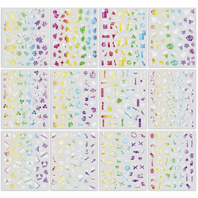 12pcs Colorful Leaf Nail Art Stickers Self Adhesive Laser Nail Decals
