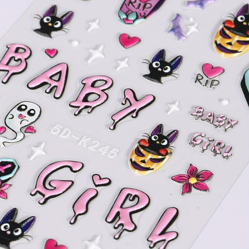 Halloween Nail Art Stickers 5D Ghost Pumpkin Spider Bat Decals DIY Nail Decor