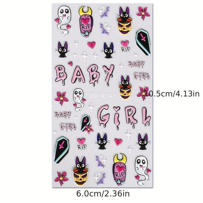 Halloween Nail Art Stickers 5D Ghost Pumpkin Spider Bat Decals DIY Nail Decor
