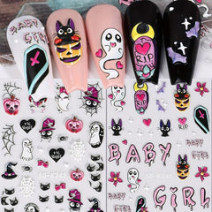 Halloween Nail Art Stickers 5D Ghost Pumpkin Spider Bat Decals DIY Nail Decor