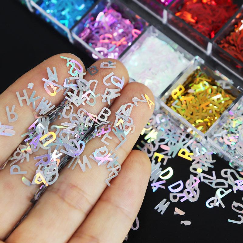 Holographic Glitter Letter Nail Art Flakes 3D Alphabet Paillette Decoration