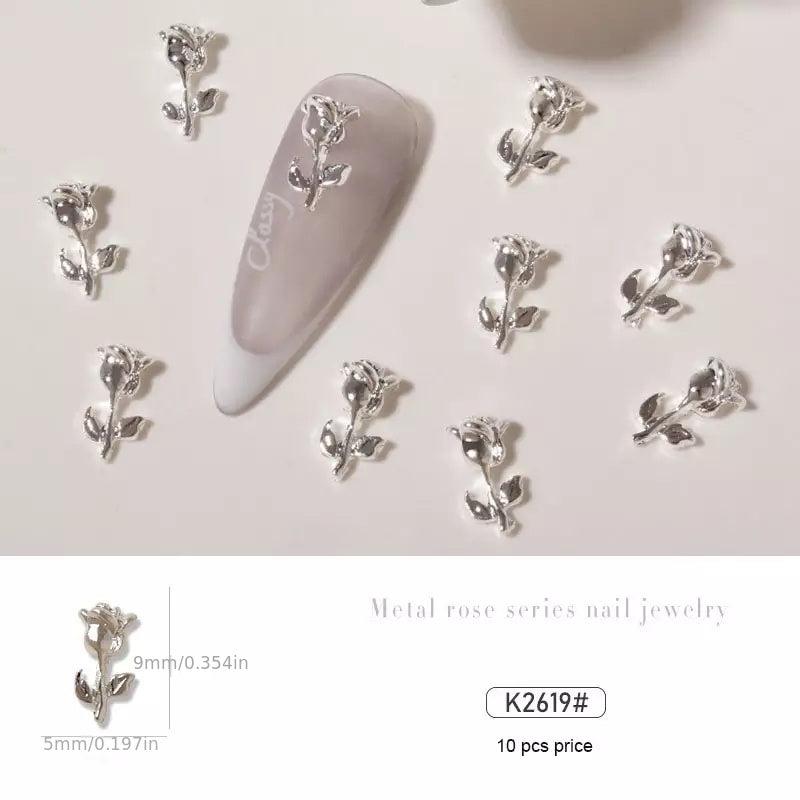 10 pcs Metal Rose Flower Decoration Silver Nail Art Accessories