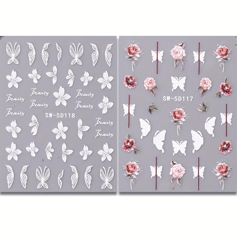 5D Embossed Flowers Nail Stickers Rose Butterfly Letter Cotton Sliders