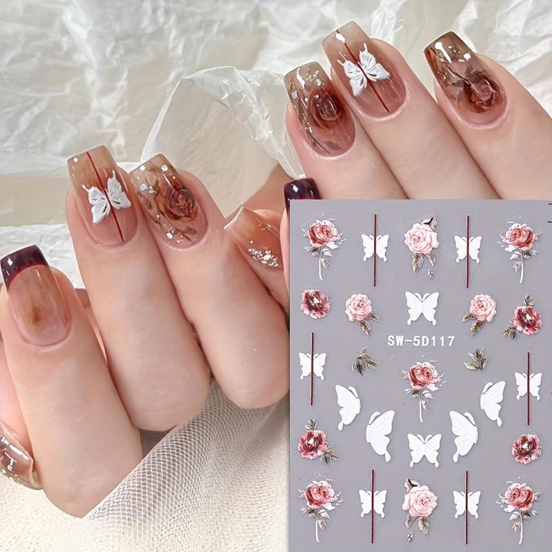 5D Embossed Flowers Nail Stickers Rose Butterfly Letter Cotton Sliders