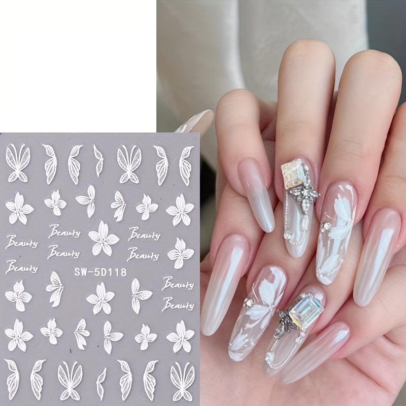 5D Embossed Flowers Nail Stickers Rose Butterfly Letter Cotton Sliders