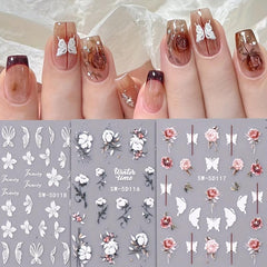 5D Embossed Flowers Nail Stickers Rose Butterfly Letter Cotton Sliders
