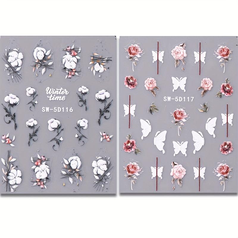 5D Embossed Flowers Nail Stickers Rose Butterfly Letter Cotton Sliders