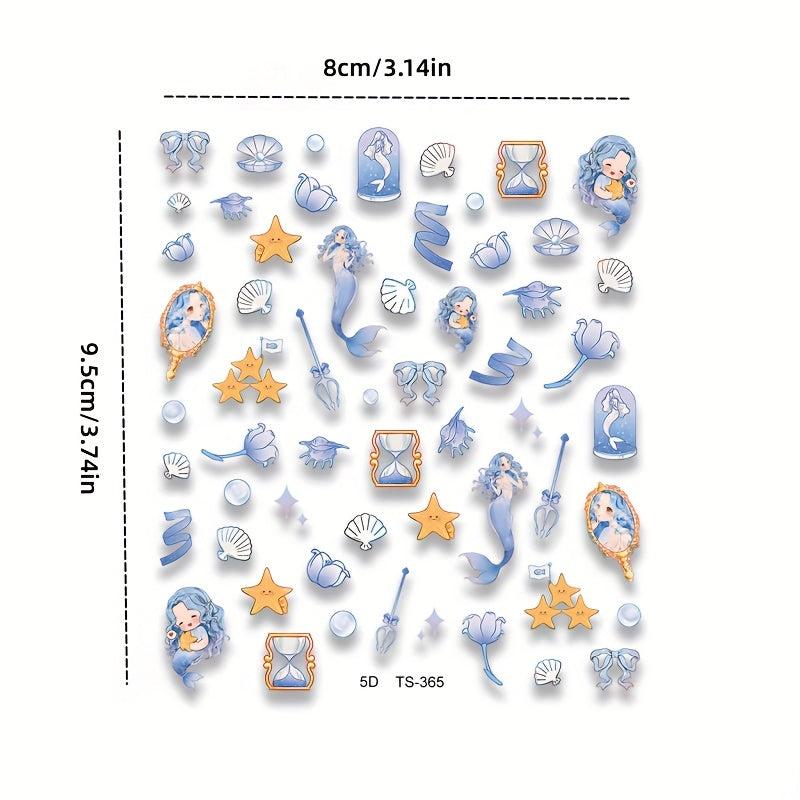 5D Embossed Mermaid Nail Art Stickers Self Adhesive Shell Decals
