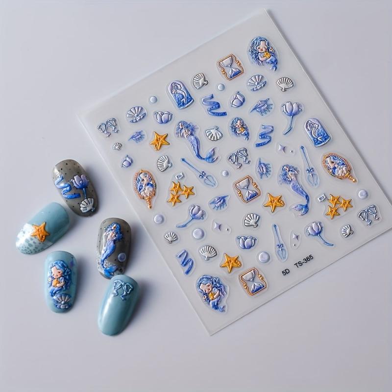 5D Embossed Mermaid Nail Art Stickers Self Adhesive Shell Decals