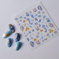 5D Embossed Mermaid Nail Art Stickers Self Adhesive Shell Decals