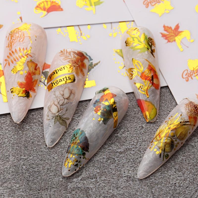 8pcs Golden Maple Leaf 3D Nail Stickers - Self Adhesive Autumn Nail Art