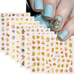 8pcs Golden Maple Leaf 3D Nail Stickers - Self Adhesive Autumn Nail Art