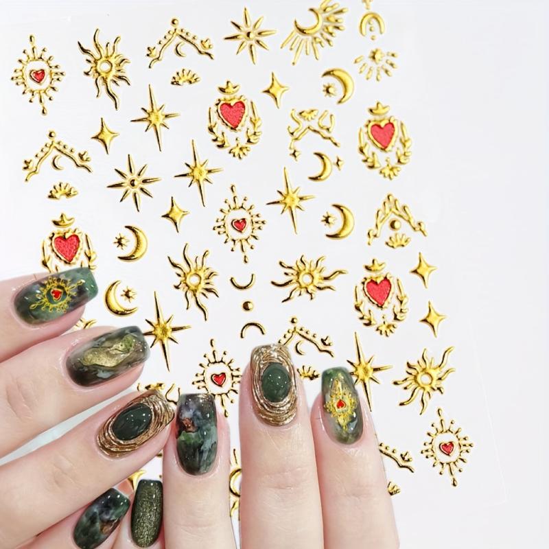 5D Embossed Sun Star Moon Nail Stickers Golden Bronzing Nail Art Decals