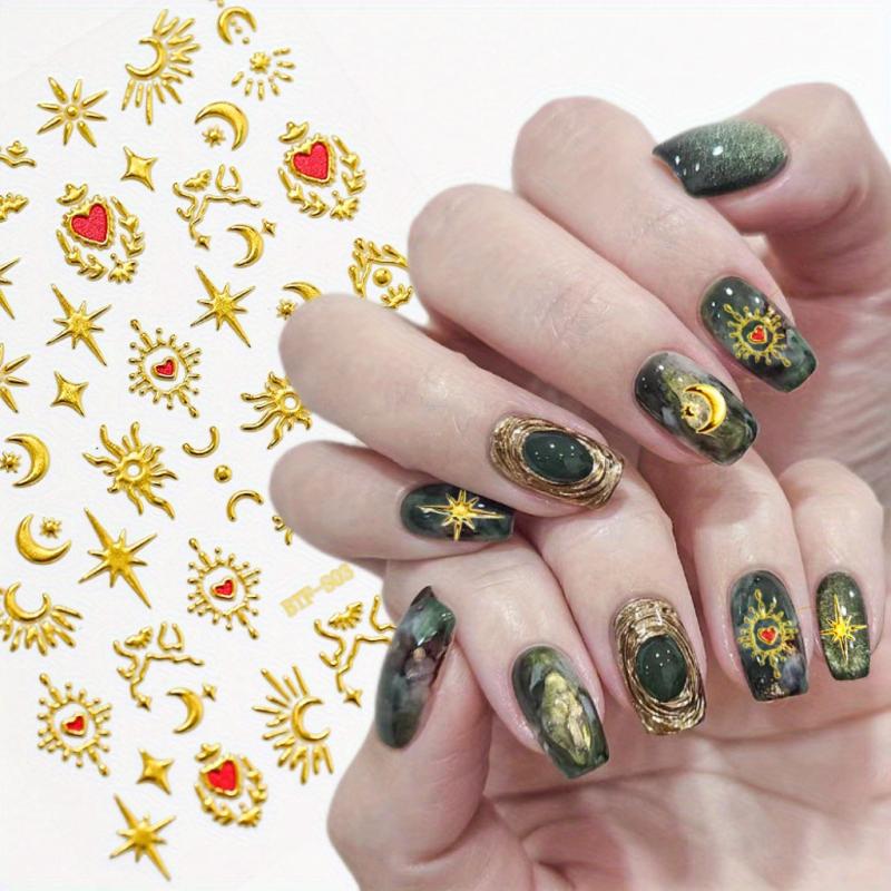 5D Embossed Sun Star Moon Nail Stickers Golden Bronzing Nail Art Decals