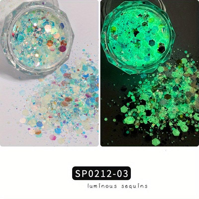 6 Colors Luminous Hexagon Nail Glitters Sequins Flakes