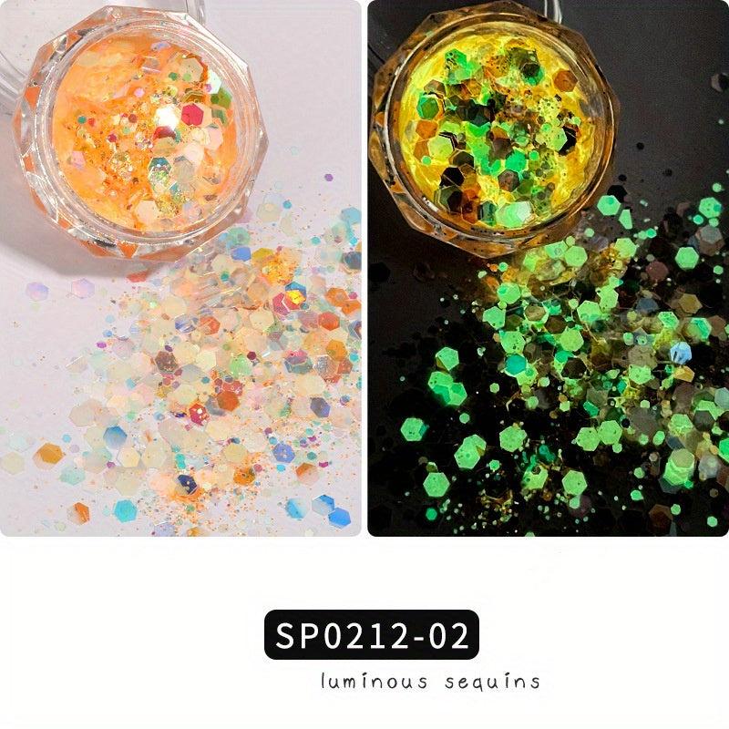 6 Colors Luminous Hexagon Nail Glitters Sequins Flakes