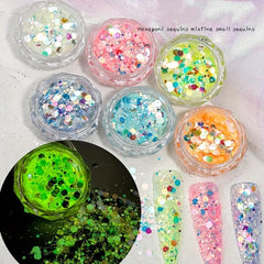 6 Colors Luminous Hexagon Nail Glitters Sequins Flakes