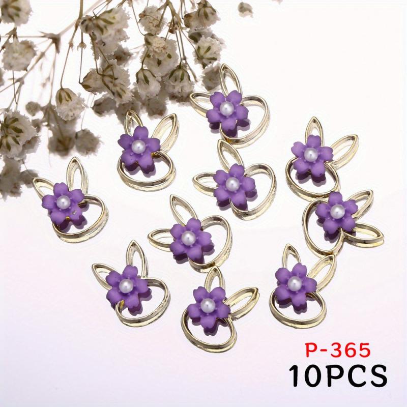 10pcs Rabbit Nail Art Charms with Pearls and Resin Flower