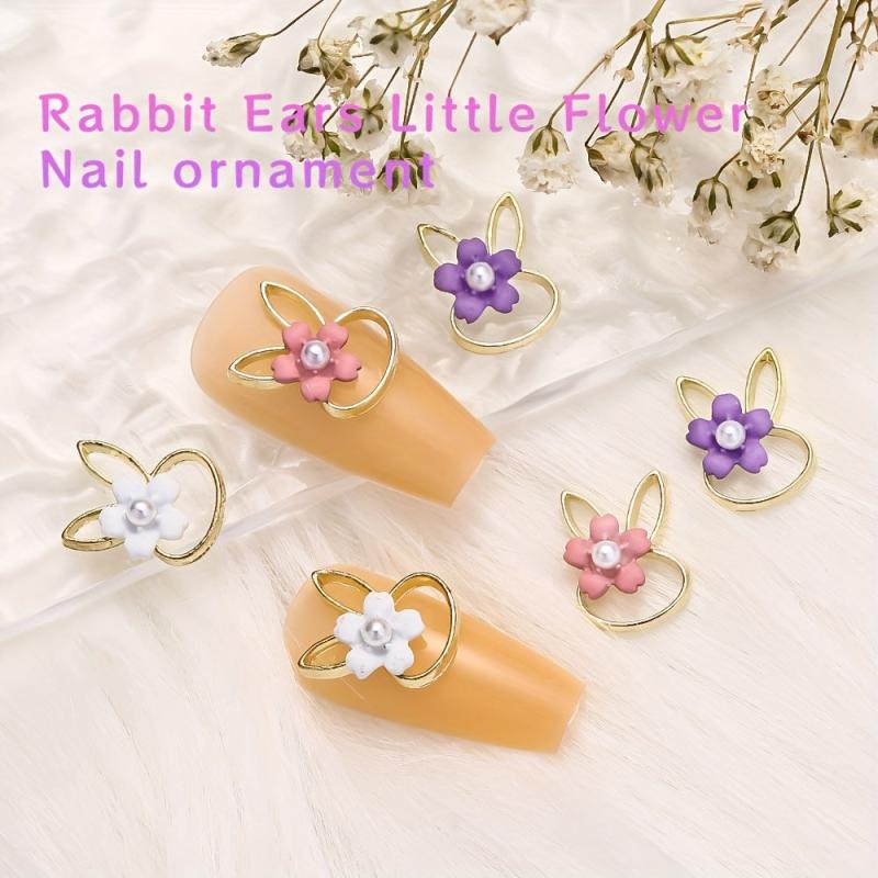 10pcs Rabbit Nail Art Charms with Pearls and Resin Flower