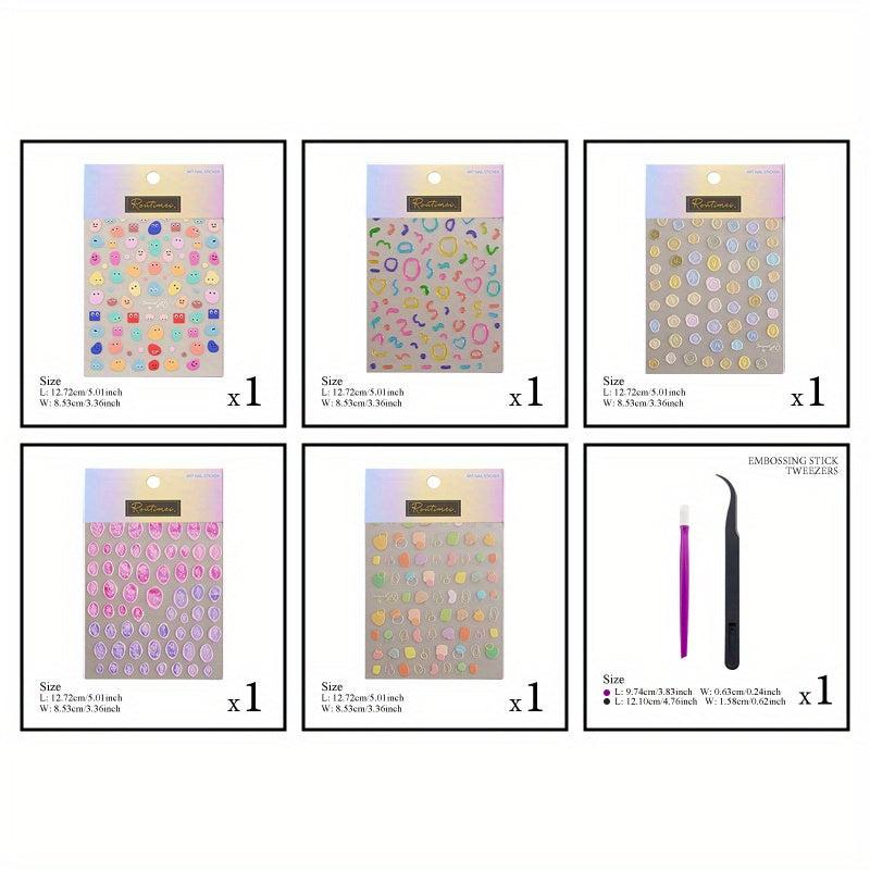 5pcs 5D Cartoon Nail Art Stickers Self Adhesive Decals For DIY