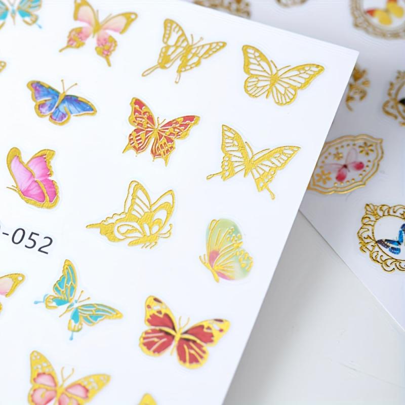 Golden Butterfly Flower Nail Decals Holographic Nail Stickers