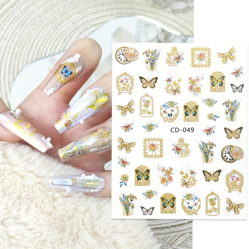 Golden Butterfly Flower Nail Decals Holographic Nail Stickers
