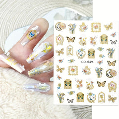Golden Butterfly Flower Nail Decals Holographic Nail Stickers
