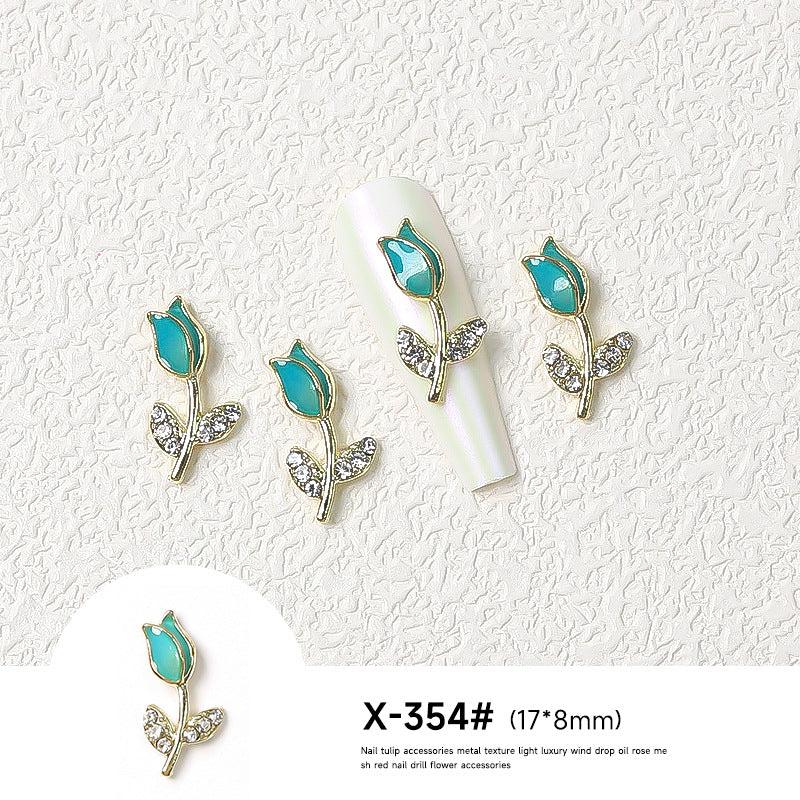 Metal Tulip Flower Nail Art Charms Rhinestones DIY Nail Ornament