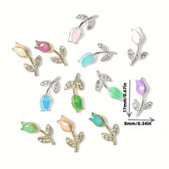 Metal Tulip Flower Nail Art Charms Rhinestones DIY Nail Ornament