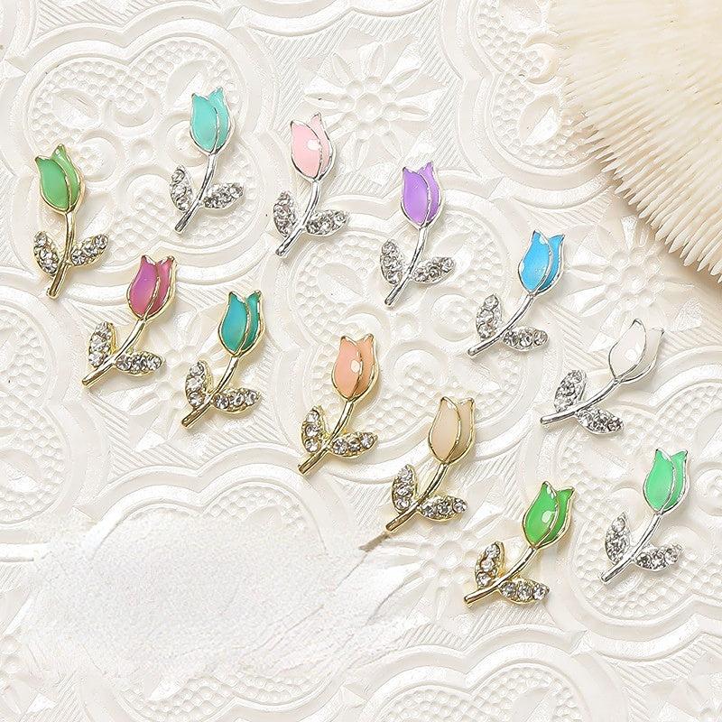 Metal Tulip Flower Nail Art Charms Rhinestones DIY Nail Ornament