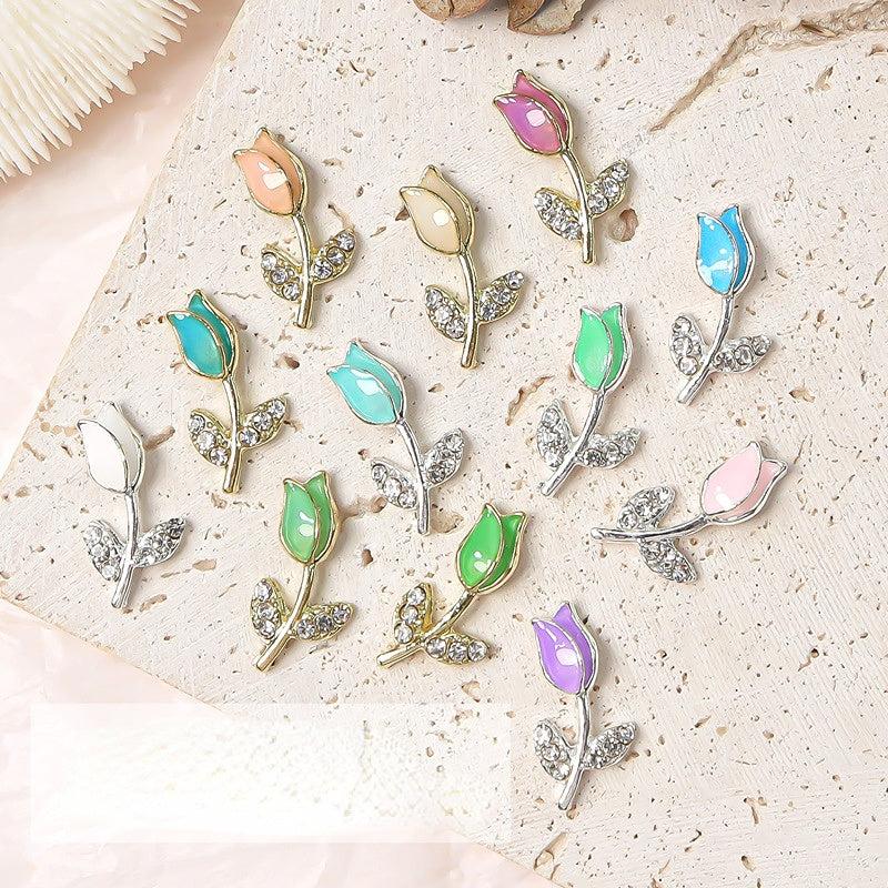 Metal Tulip Flower Nail Art Charms Rhinestones DIY Nail Ornament