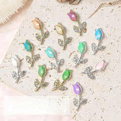 Metal Tulip Flower Nail Art Charms Rhinestones DIY Nail Ornament