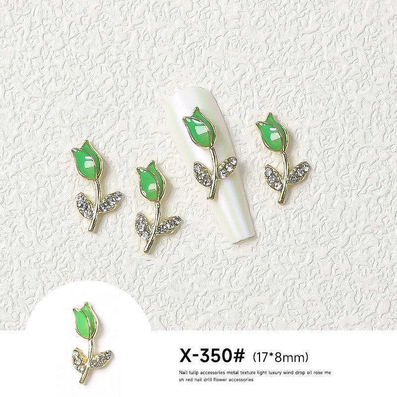 Metal Tulip Flower Nail Art Charms Rhinestones DIY Nail Ornament