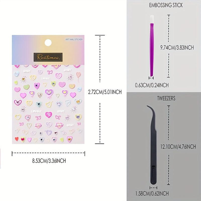4pcs 5D Heart Rhinestone Nail Art Stickers - Self Adhesive Nail Art Supplies