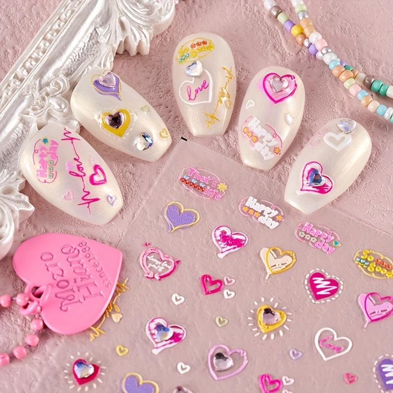 4pcs 5D Heart Rhinestone Nail Art Stickers - Self Adhesive Nail Art Supplies
