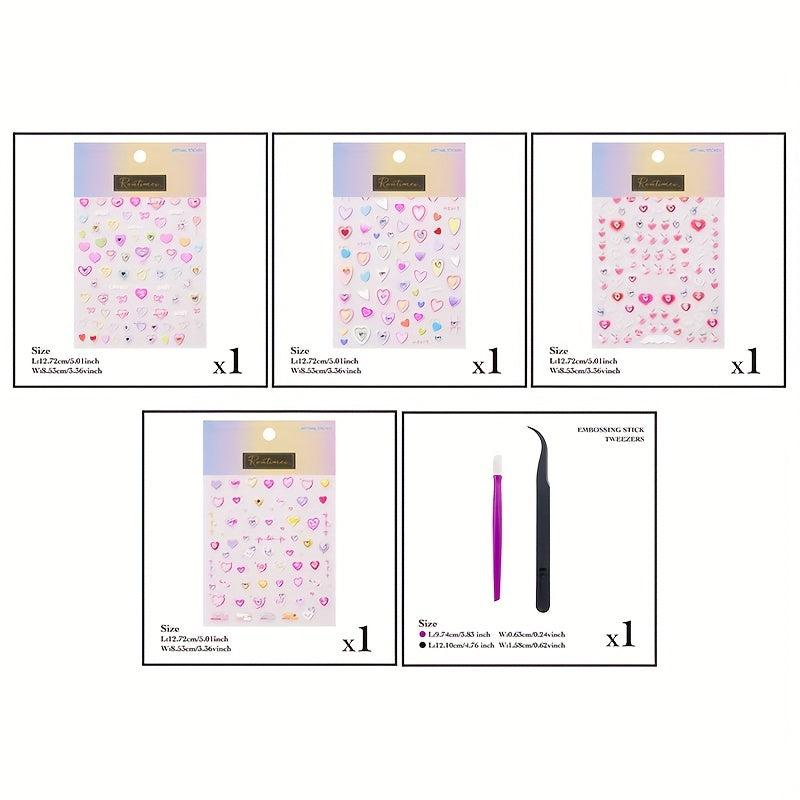 4pcs 5D Heart Rhinestone Nail Art Stickers - Self Adhesive Nail Art Supplies