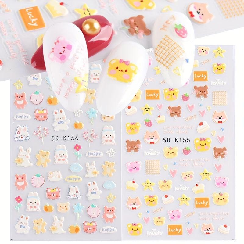 5D Embossed Bear Bunny Lavender Nail Stickers For Women