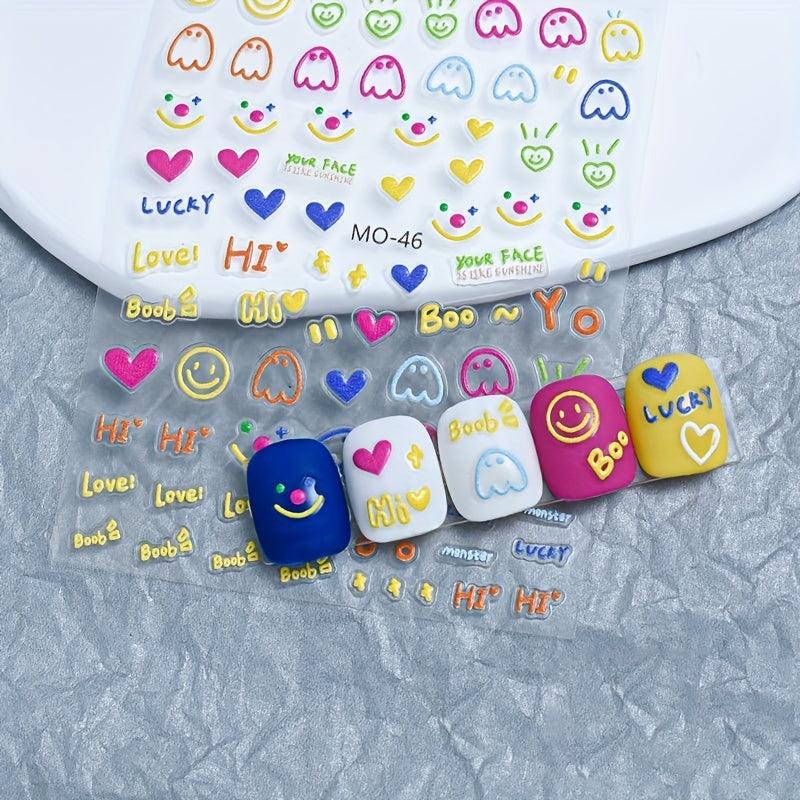5D Embossed Nail Stickers Cartoon Nail Art Decals for Girls